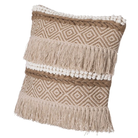 16 Handwoven Cotton Throw Pillow Cover With Embossed White Dots And Natural Fringed Pattern